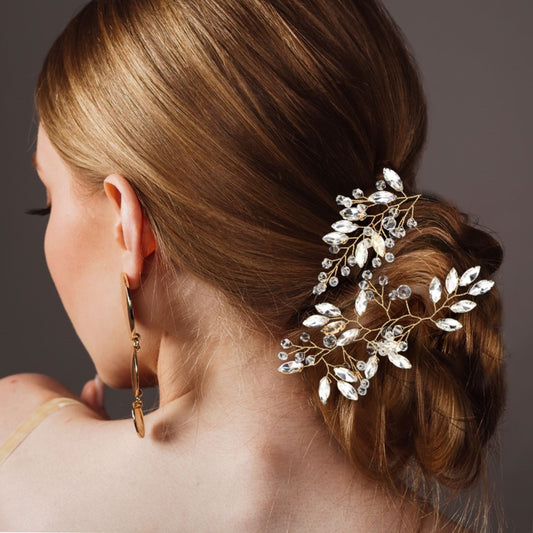 Gold Rhinestone Crystal Floral Leaf Stone Wedding Bridal Prom Hair Vine