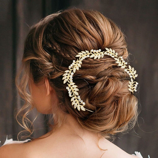 Gold Rhinestone Crystal Leaf Headpiece Wedding Bridal Prom Hair Vine