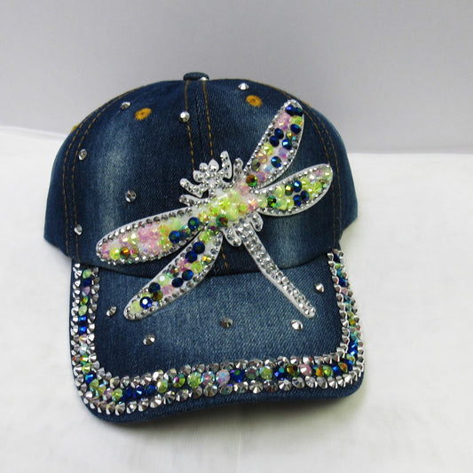 Women's Denim Sparkle Rhinestone Bling Studded Dragonfly Baseball Hat Cap Hat