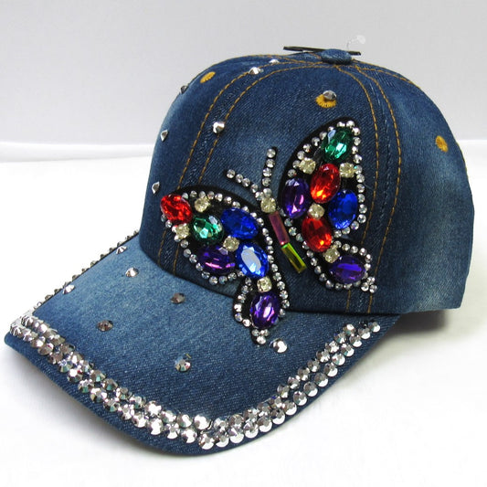 Women's Denim Sparkle Rhinestone Bling Jeweled Butterfly Baseball Hat Cap Hat