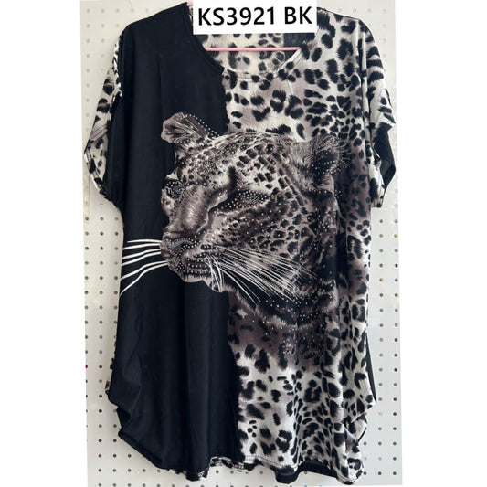 Women's Black Leopard Print Stretchy Graphic Blouse Top Sparkle #3921