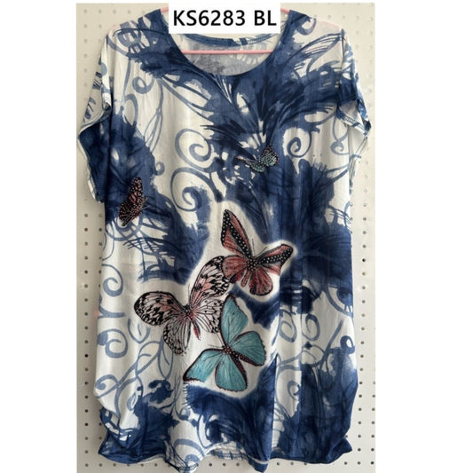 Women's Blue Butterfly Print Stretchy Graphic Blouse Top T-Shirt Sparkle One Size