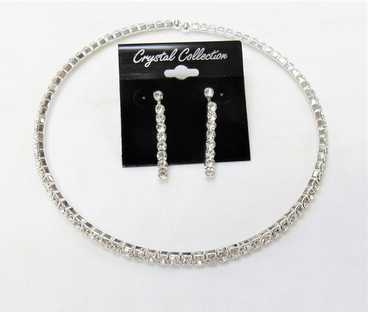 Silver Clear Rhinestone Crystal Flexible Choker Necklace Set Wedding Bridal NEW