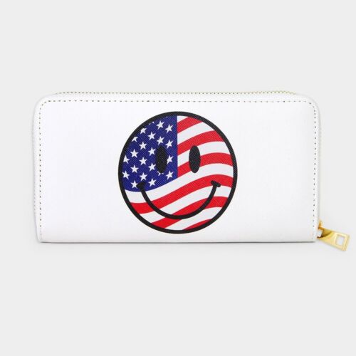White Patriotic Wallet Smile Face Red White Blue American Flag 4th Of July